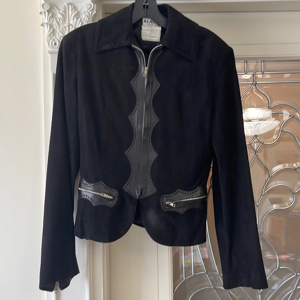 ALAIA Black Leather/ Swede Cropped Jacket with Silver Zipper Size 38